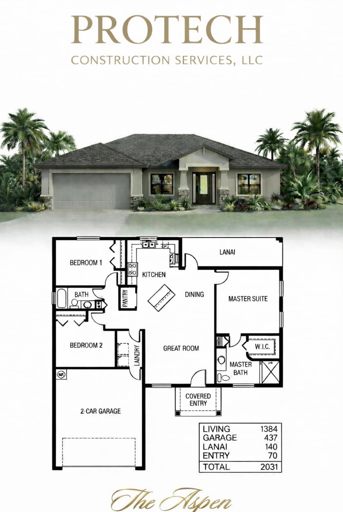 The Aspen floor plan with elevation rendering and square footage breakdown