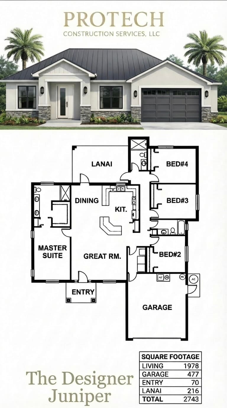 The Designer Juniper elevation rendering and floor plan