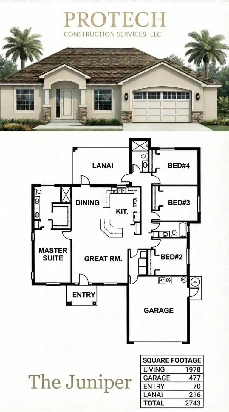The Juniper elevation rendering and floor plan