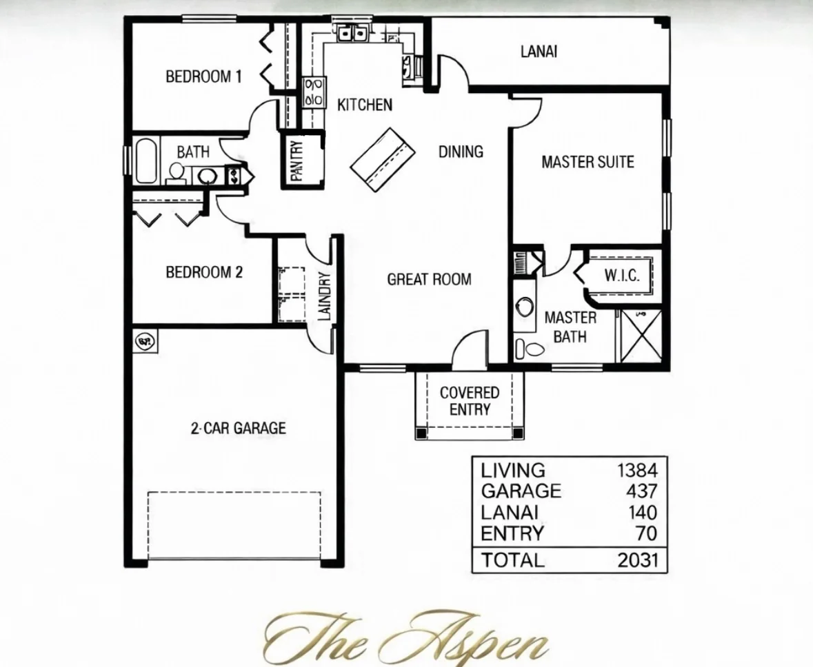 Aspen floor plan with the master suite on the opposite side of the house from the garage