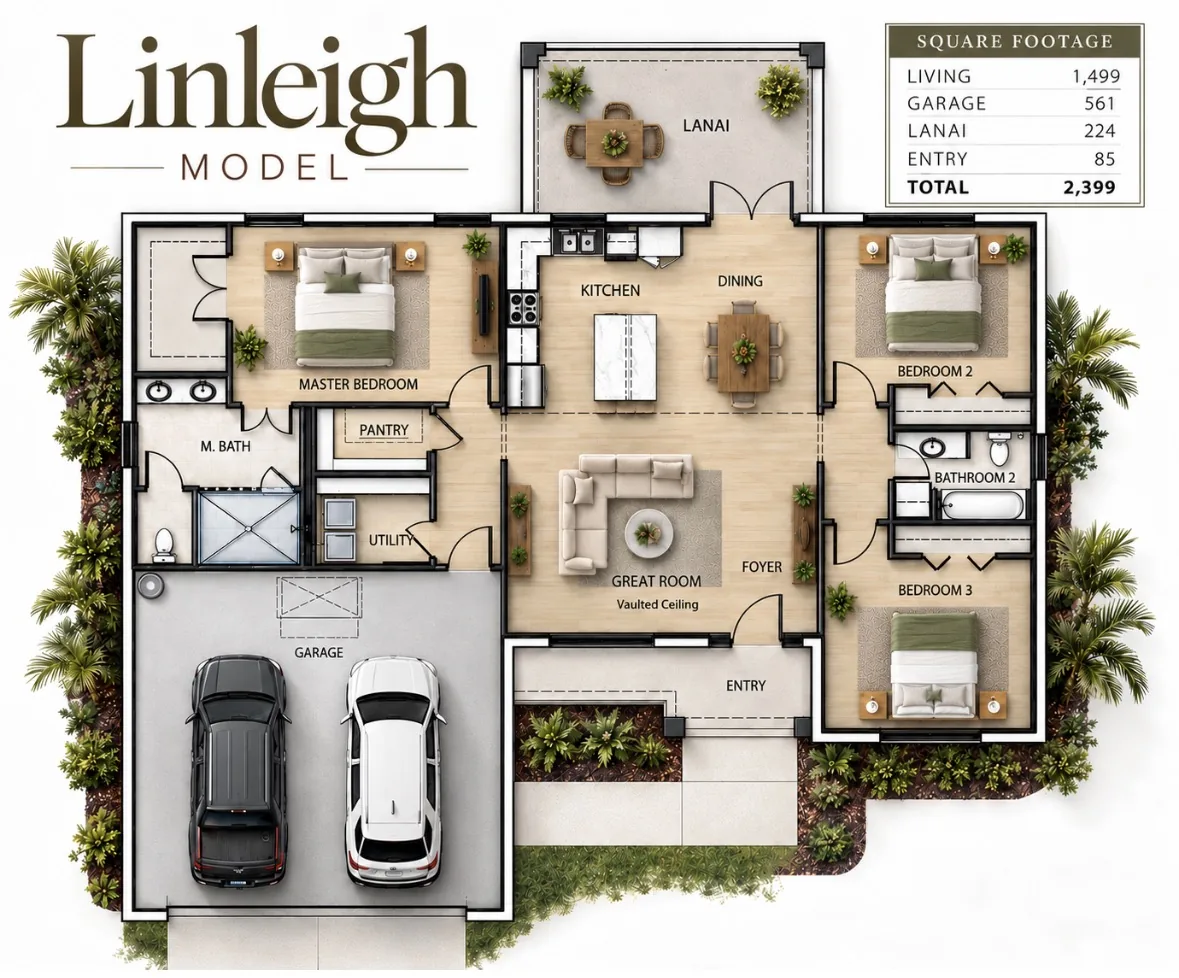 Linleigh floor plan showing the master bedroom and bath on the same side of the house as the garage