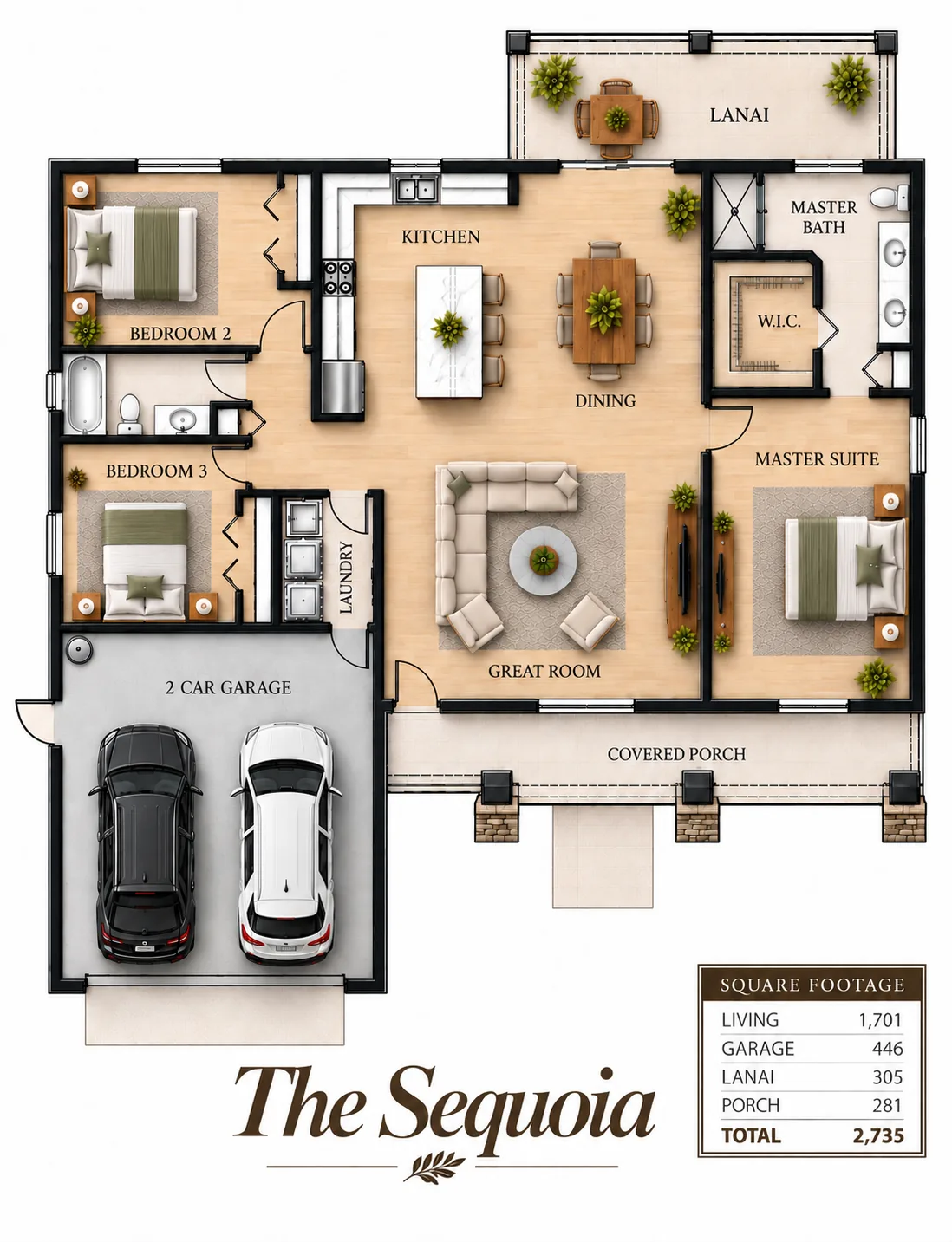 Sequoia floor plan with the garage on the left and the master suite on the right past the kitchen and great room